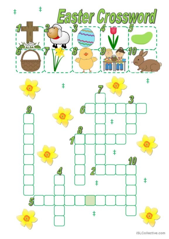 First grade student working on a colorful Easter crossword puzzle worksheet featuring simple spring vocabulary