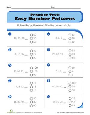 Easy Number Patterns Practice Test for First Graders - Worksheet Image 21 First Grade Practice Test worksheet focusing on easy number patterns to enhance math skills