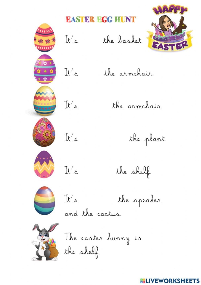 A cartoon Easter bunny looking confused because he misplaced his colorful eggs for the grade 1 holiday worksheet 19