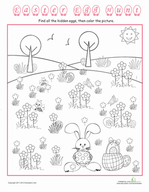 A playful Easter bunny frantically searching for lost eggs before the celebration. Fun Egg Hunt worksheet for first graders featuring a silly bunny.