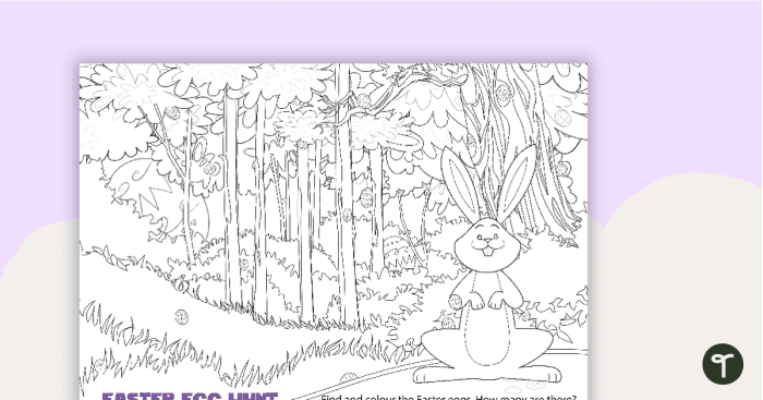 A playful Easter bunny appears puzzled after losing his eggs before the celebration. Fun Egg Hunt worksheet for first graders featuring a whimsical bunny.