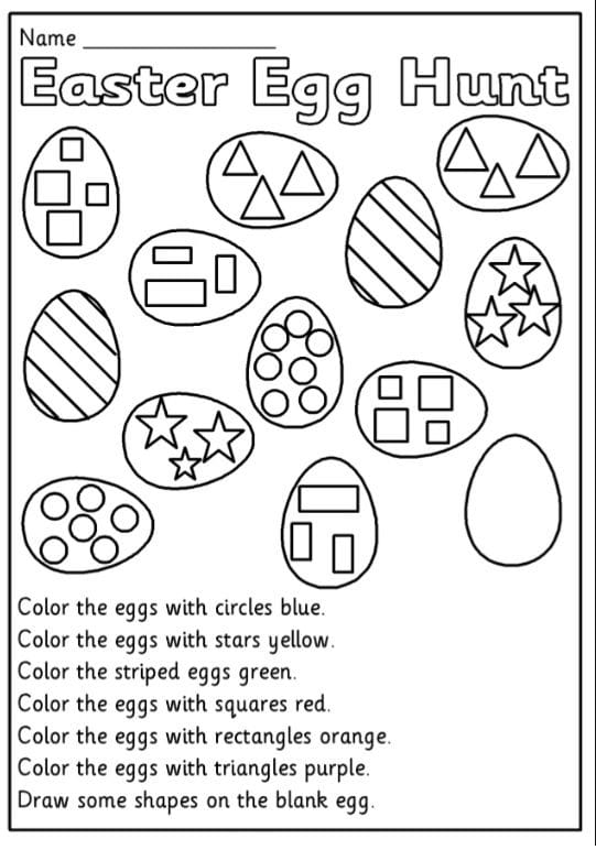 A first grade student filling out an Egg Hunt worksheet featuring a confused Easter bunny who misplaced his basket of eggs