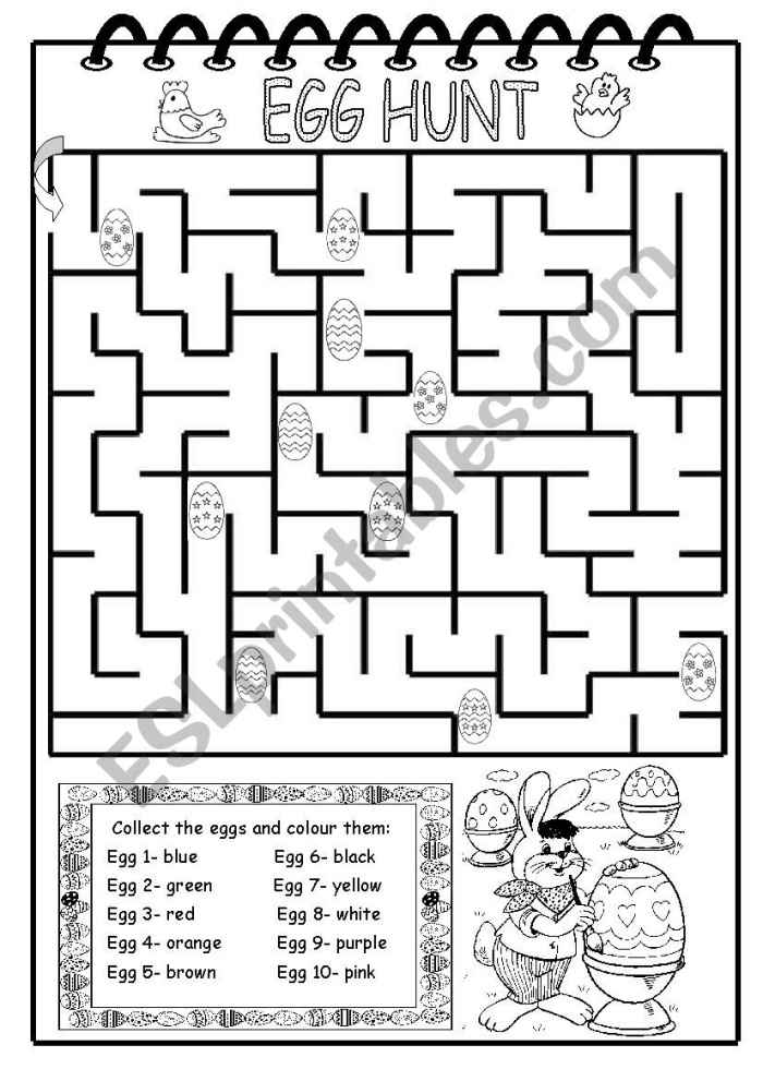 First grade student working on a printable Egg Hunt worksheet featuring a confused Easter bunny