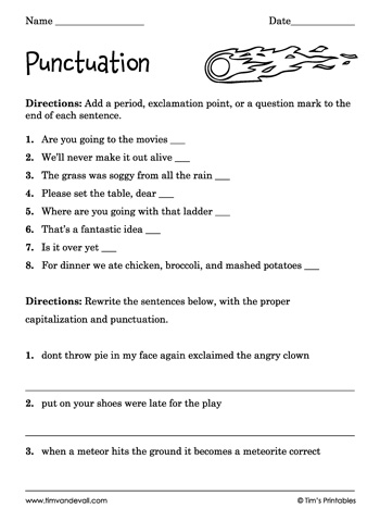 First grade proper punctuation worksheet with end punctuation practice exercises for grammar skills