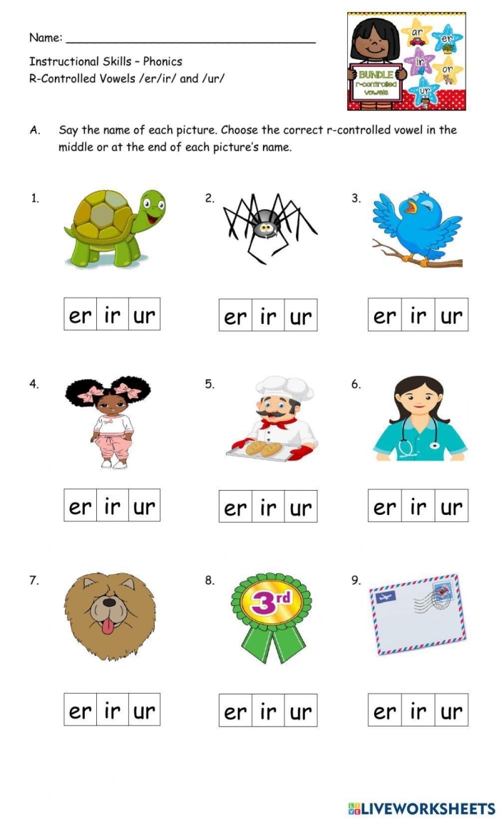 First grade phonics worksheet showing 12 sentences with er, ir, and ur r-controlled vowel words highlighted for reading practice