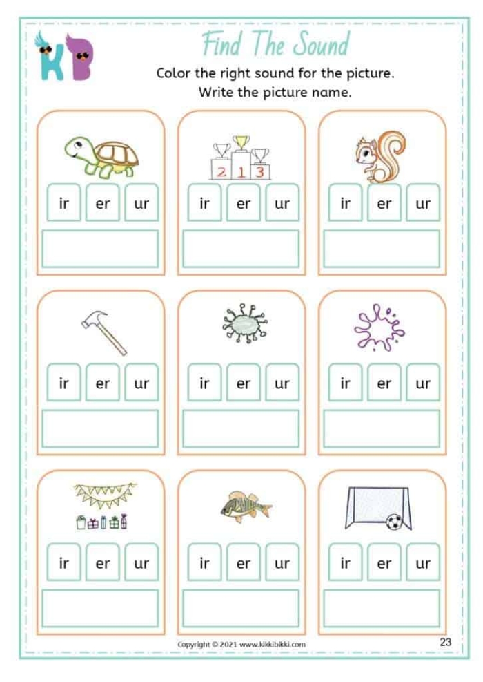 First grade phonics worksheet showing 12 sentences for practicing er ir ur r-controlled vowel words
