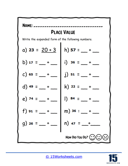 First grade math worksheet showing expanded form practice for double digit numbers