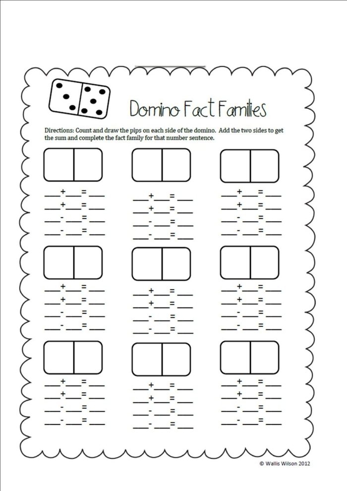 Fact families worksheet showing connected addition and subtraction problems for early learners First grade students practicing addition and subtraction fact families with related number sentences