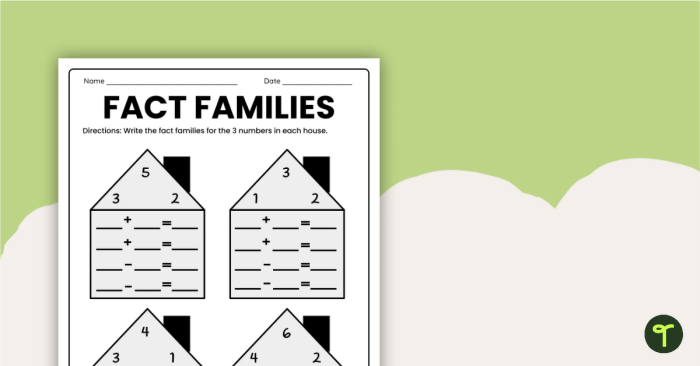 Fact Family Houses Math Worksheet 8 for First Grade Students First grade math worksheet featuring fact family houses for addition and subtraction practice