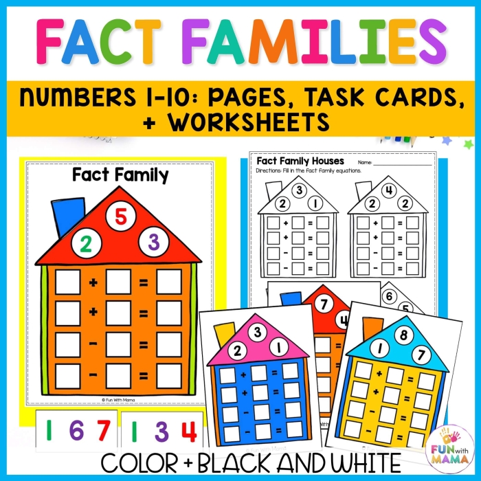 Visual representation of a fact family houses worksheet designed for young learners in math Fact family houses worksheet for first graders featuring addition and subtraction exercises