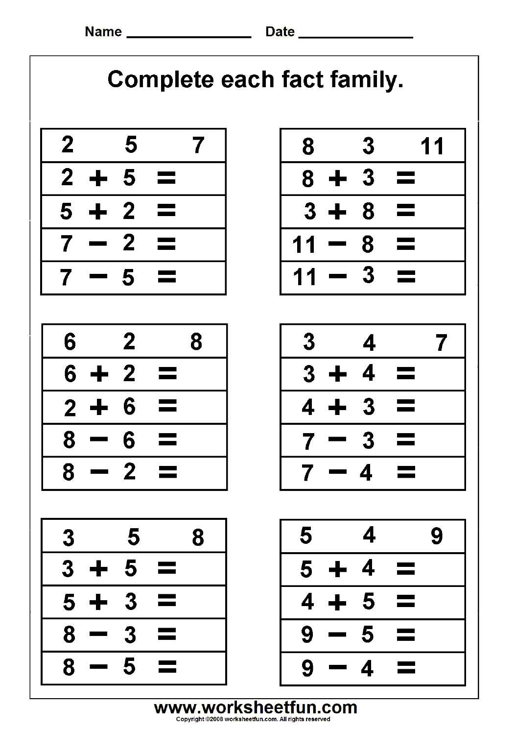 Fractions worksheet for First Grade Fact family houses worksheet for first graders focusing on addition and subtraction. Interactive educational resource for teaching fractions through fact families.