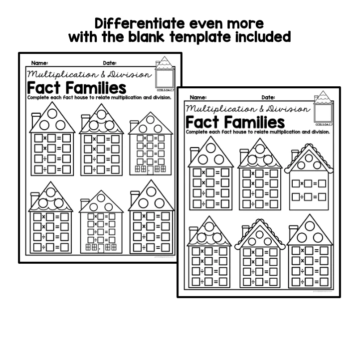 Fact Family Houses Math Worksheet Number 13 for First Grade Students First grade math worksheet showing three math equations inside a fact family house for addition and subtraction practice