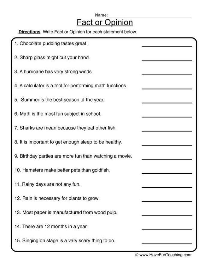 Worksheet for first graders distinguishing between facts and opinions with eight example sentences. Fact or Opinion? You Decide! educational activity for vocabulary development.