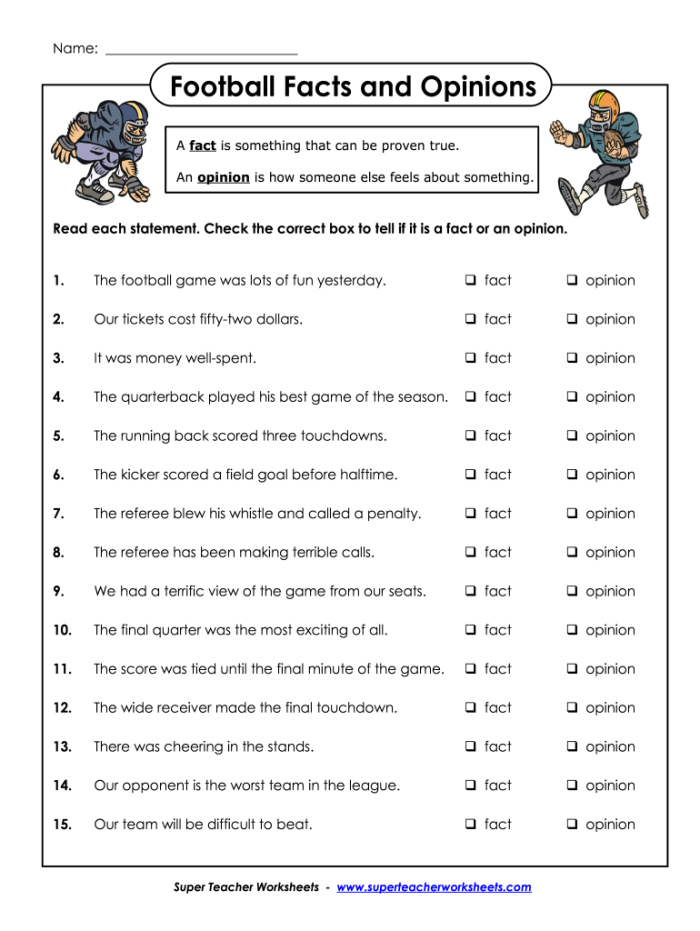 Fact vs. Opinion Sort worksheet for first graders displaying cut-out statements for categorization