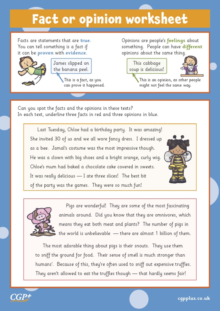 First grade worksheet for sorting statements into facts and opinions