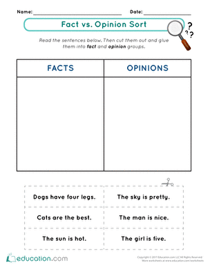 First grade students sorting statements into fact and opinion categories on a colorful worksheet. Engaging Fact vs. Opinion Sort worksheet for young learners.