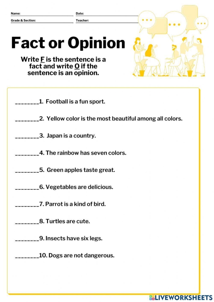 Worksheet for first graders to distinguish between facts and opinions. Engaging activity titled "Fact or Opinion? You Decide!" for vocabulary learning.