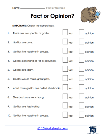 Colorful worksheet for first graders distinguishing between facts and opinions with eight example sentences.