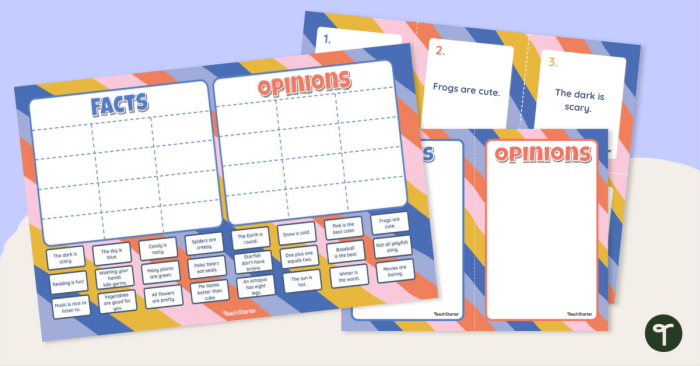 First grade students sorting statements into fact and opinion on a worksheet. Fact vs. Opinion Sort worksheet for young learners.