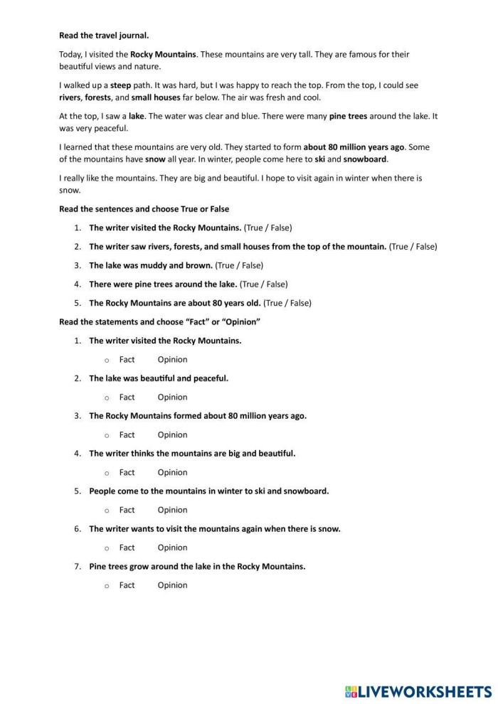 First grade worksheet for distinguishing between fact and opinion statements