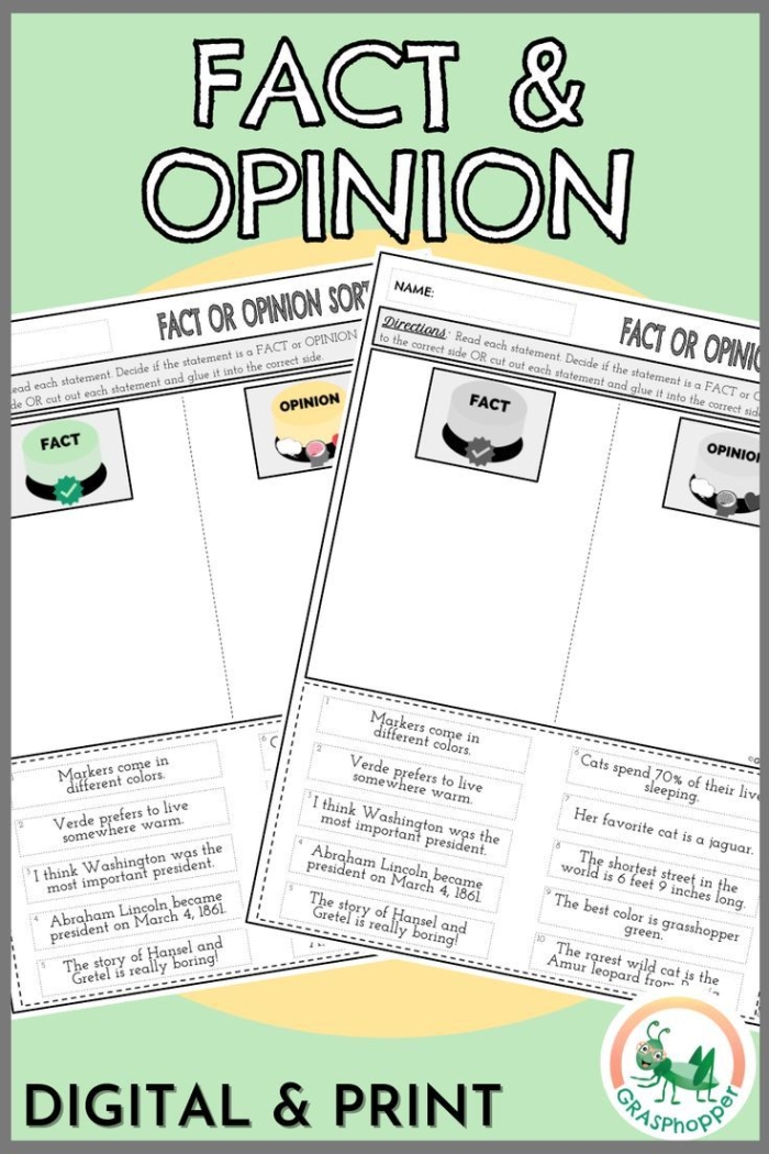 First grade students engaging with a Fact vs. Opinion Sort worksheet for grammar practice