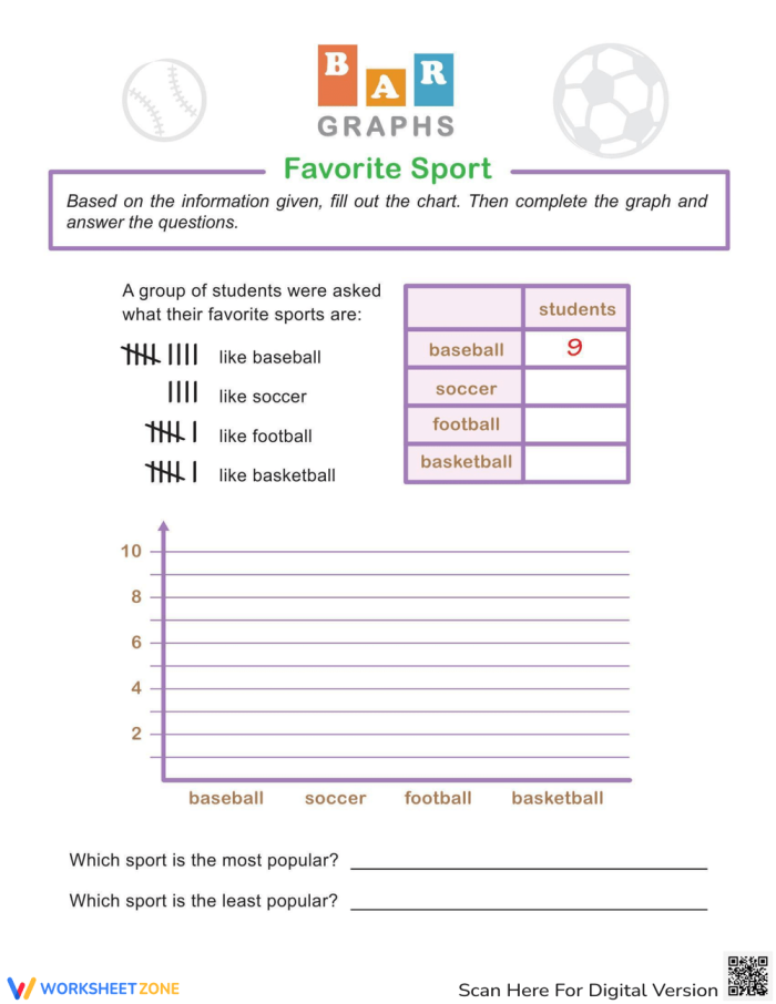 Beginning Bar Graphs: Favorite Sports activity for young learners Visual representation of a favorite sports bar graph worksheet for first graders