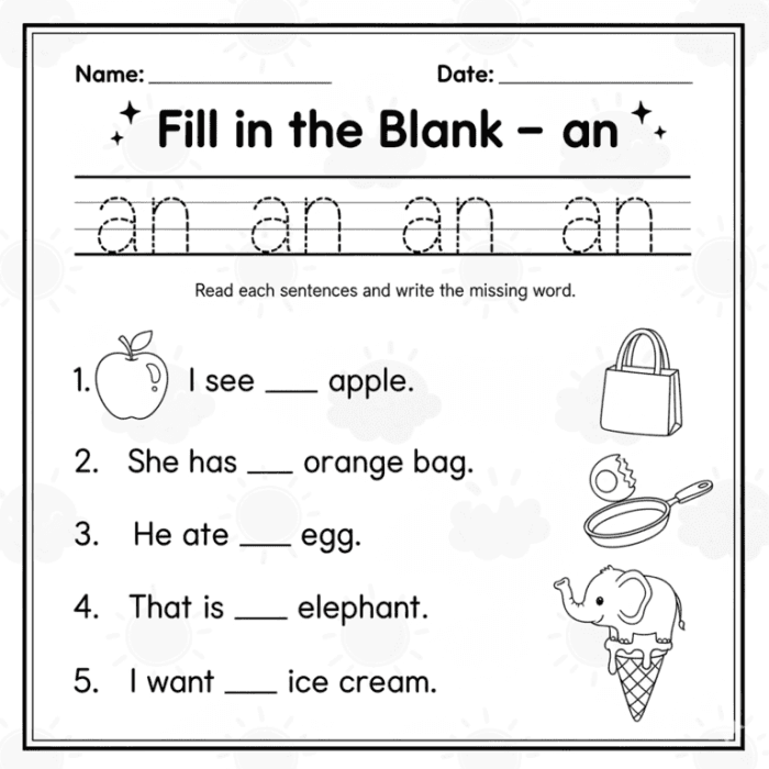 First grade student practicing spelling with a fill-in-the-sight-word activity sheet