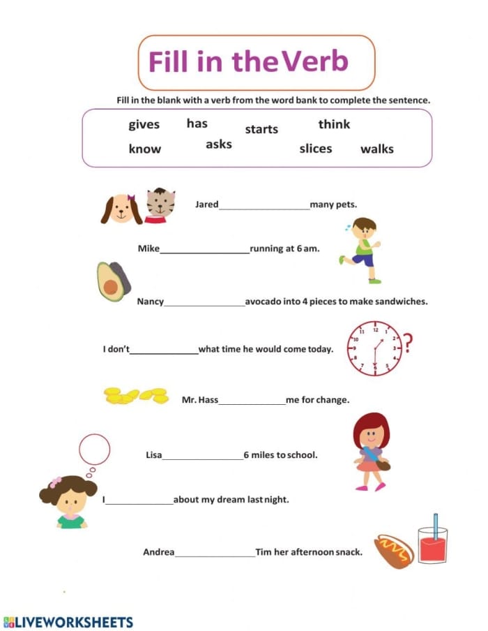 First grade student completing a fill in the verb grammar worksheet