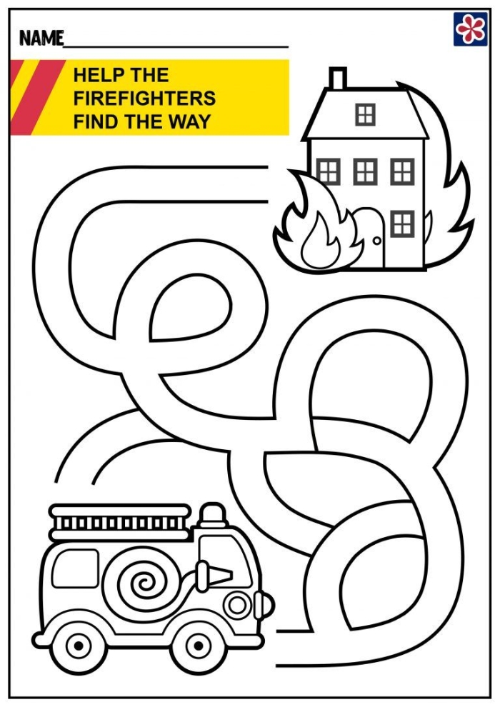 First grade fireman maze worksheet with rescue equipment to collect