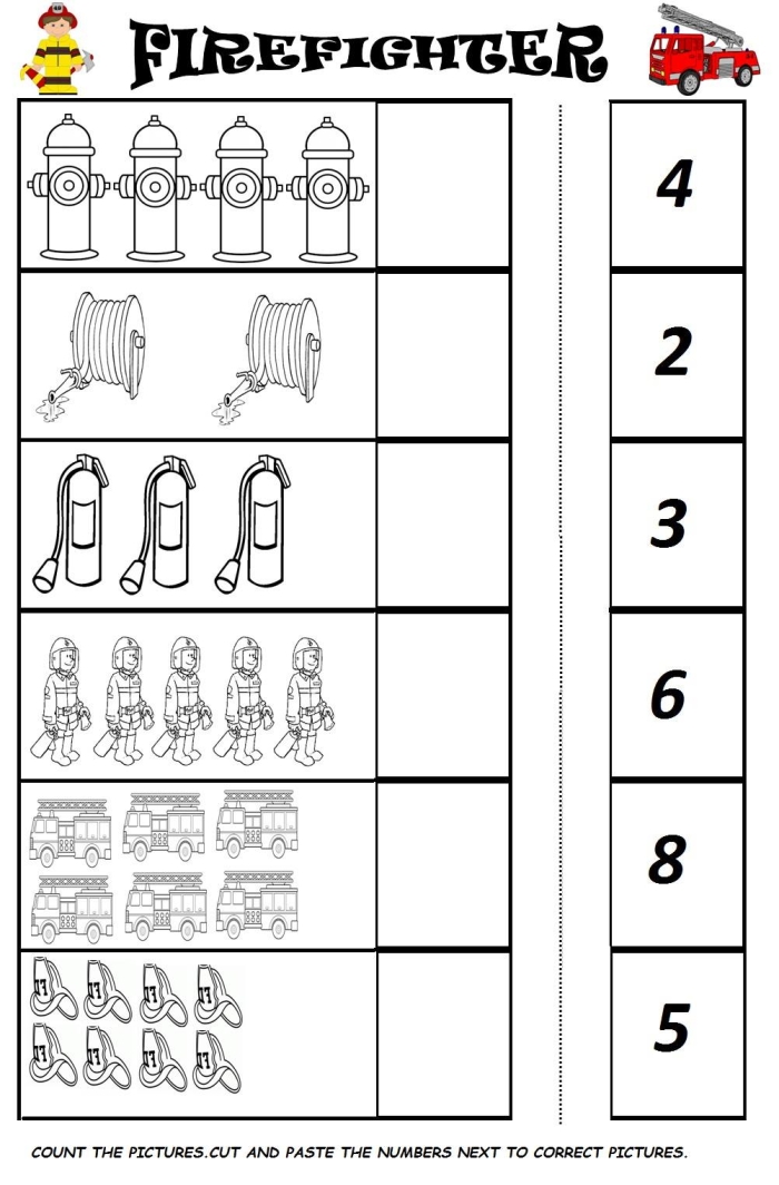 First grade reading worksheet featuring a fireman maze game and equipment collection activity 11