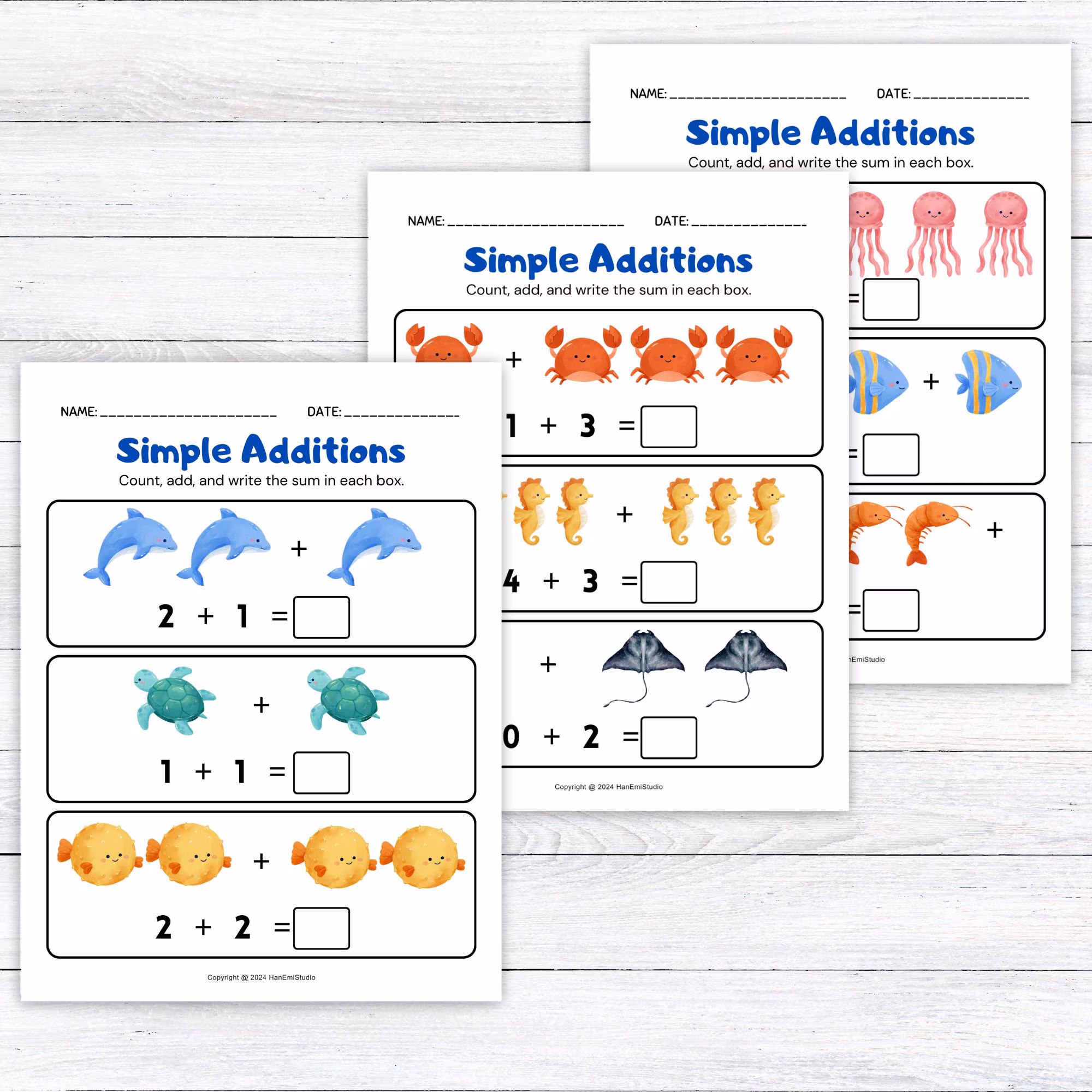 A colorful school of fish swimming together with addition math problems for first grade students to solve