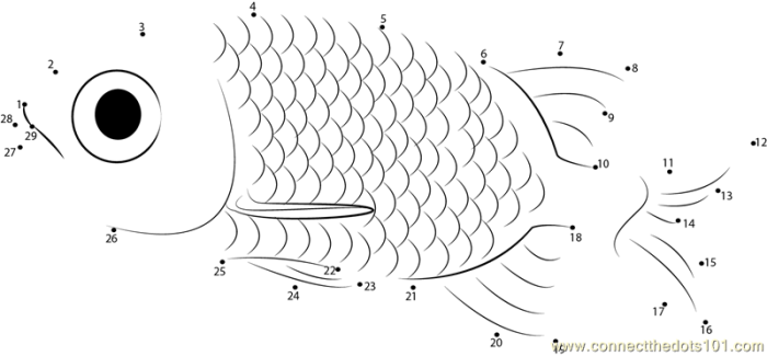 Ratios and Proportions worksheet for First Grade Fish Connect the Dots worksheet for first graders, featuring numbers 1 to 33 to reveal a fish picture. Educational activity for practicing counting and understanding ratios and proportions.