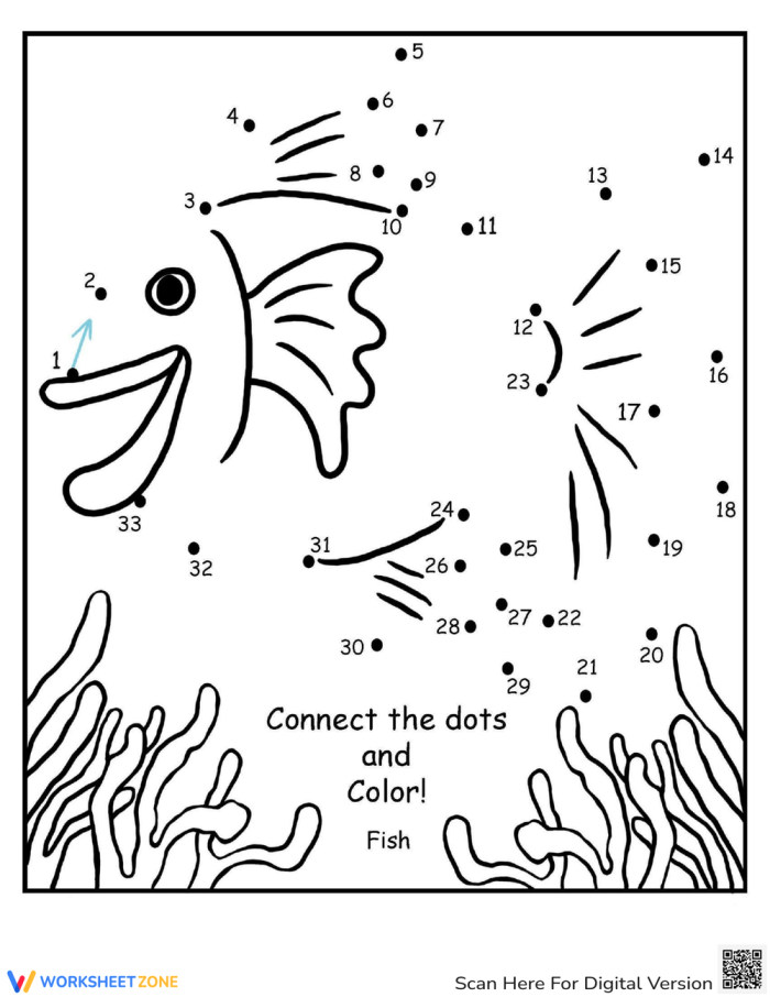 Ratios and Proportions worksheet for First Grade Connect the dots from 1 to 33 to reveal a fish in this engaging worksheet for first graders. Fun Fish Connect the Dots worksheet focusing on ratios and proportions for early learners.