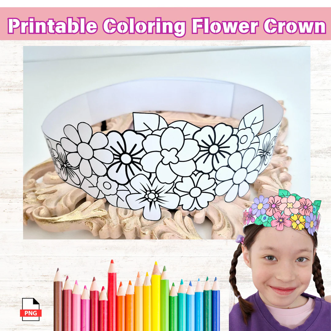 First grade student coloring and cutting out a paper flower crown worksheet for a geometry craft