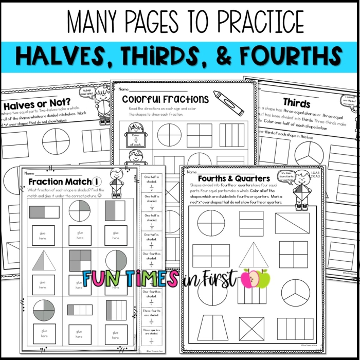 Food-themed worksheet for first graders to practice halves and fourths in fractions