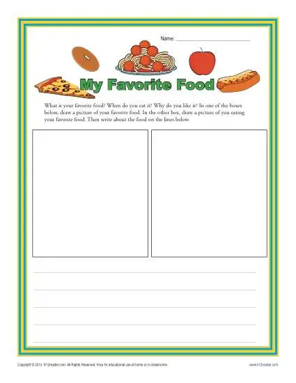 Colorful worksheet for first graders to express their opinions about their favorite food