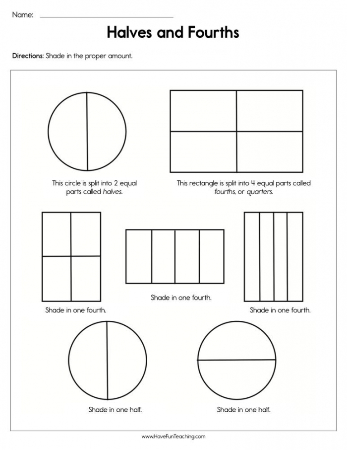 First grade worksheet for identifying halves and fourths using food themed examples