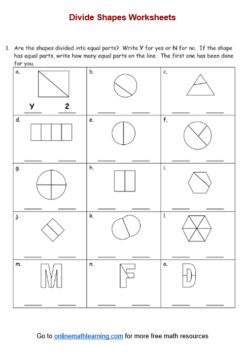 Division worksheet for First Grade First grade worksheet for dividing shapes into halves and coloring one part. Divide the Shapes in Half activity for teaching fractions.