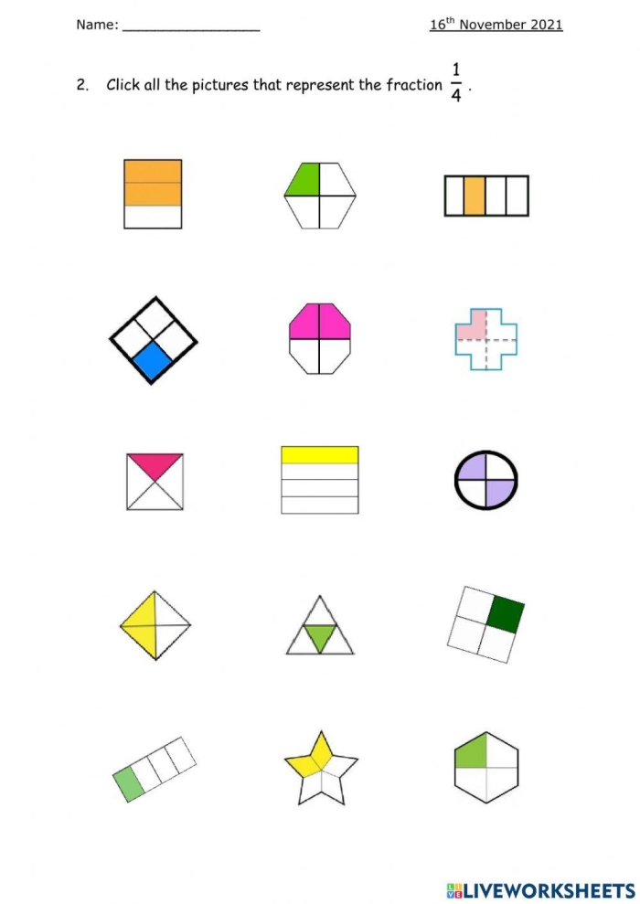 Printable Identifying the Fraction 1/2 worksheet for early math learners Worksheet featuring activities for understanding the fraction one-half for first graders