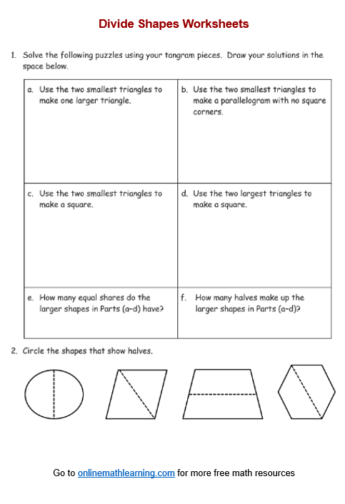 Division worksheet for First Grade First grade worksheet for dividing shapes in half, featuring colorful visuals for students. Divide the Shapes in Half activity image for teaching fractions.