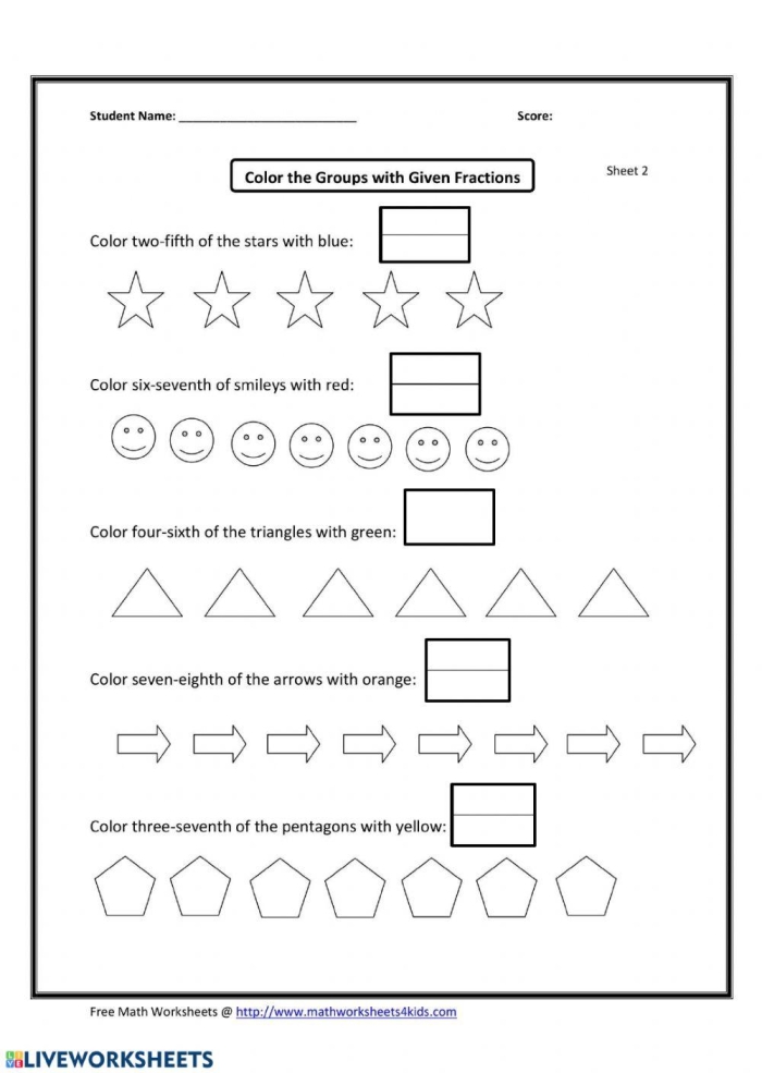 First grade student coloring shapes to learn fractions on a life science worksheet