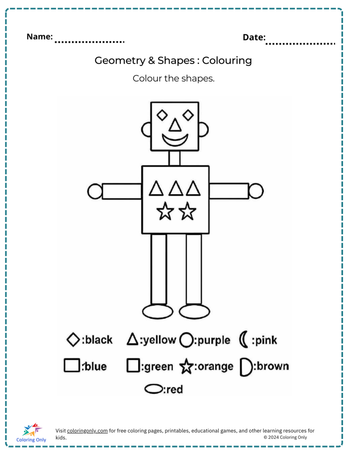 Fraction one half worksheet showing shapes divided into two equal parts for coloring practice First grade student coloring one half of various shapes to learn fractions with visual examples