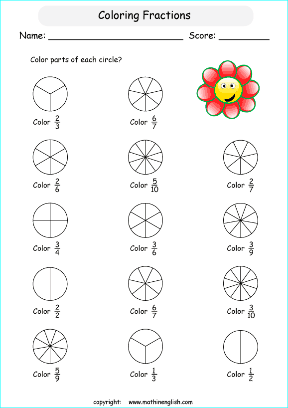 First grade student coloring shapes to learn fractions in a life science worksheet