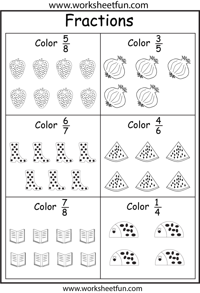 First grade student coloring shapes to learn basic fractions in a life science worksheet