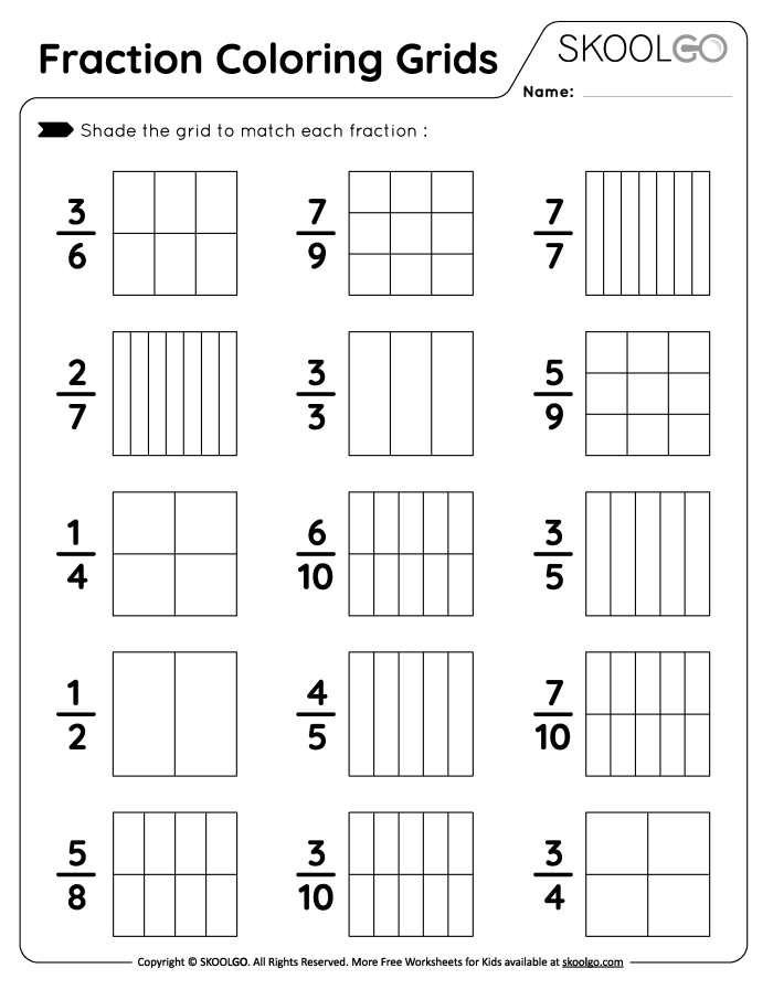 First grade math worksheet showing colorful shapes divided into four equal parts with one section highlighted for fraction 1/4 practice