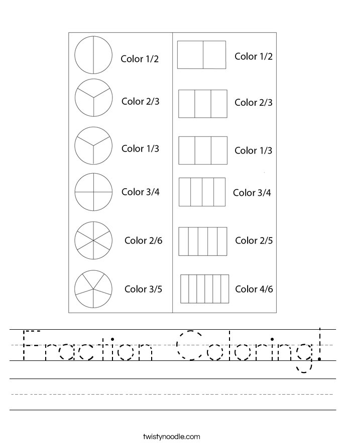 Colorful fraction coloring worksheet for first graders learning about shapes