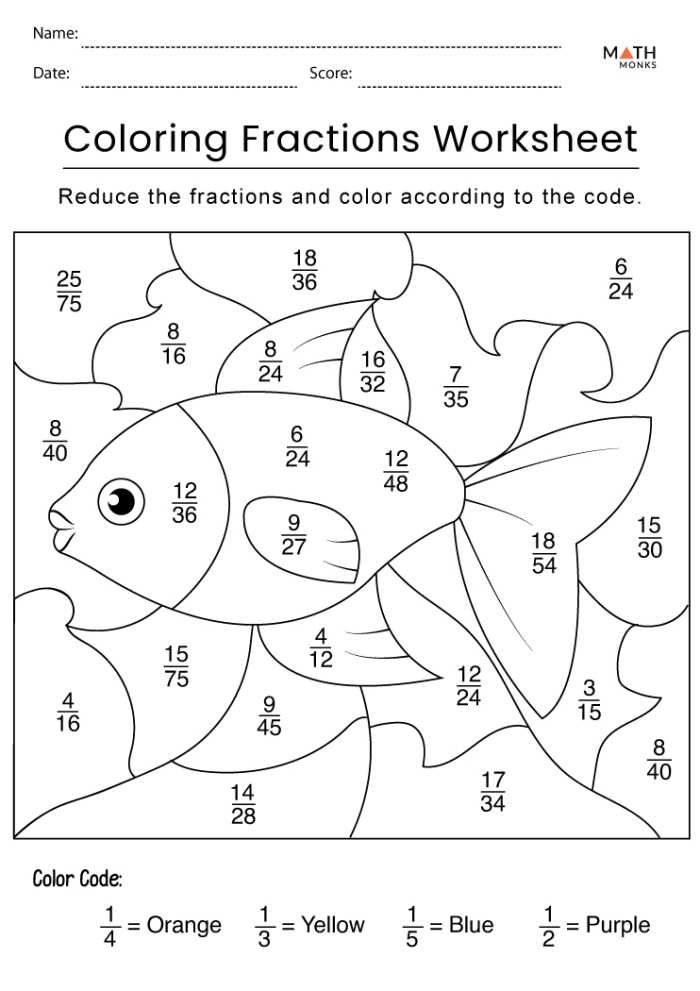 Colorful fraction coloring worksheet designed for first graders