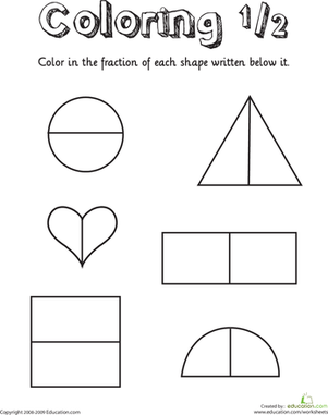 First grade math worksheet featuring shapes to color for the fraction 1/4 practice
