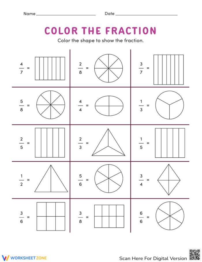 Colorful fraction coloring worksheet designed for first graders