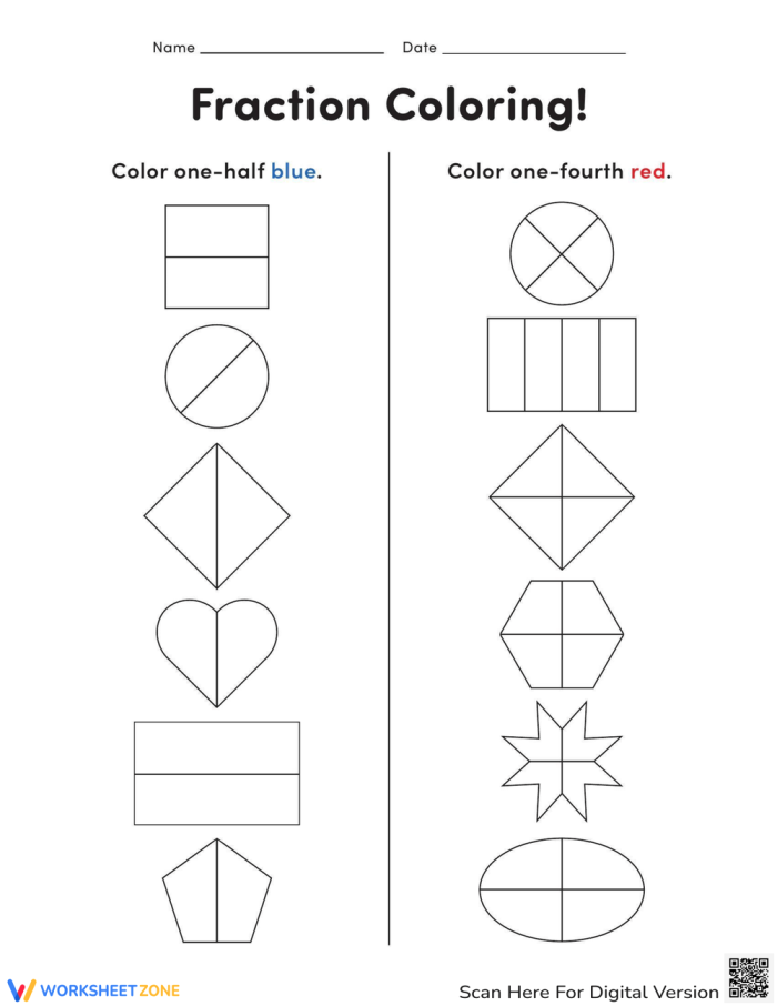 First grade math worksheet featuring shapes to color for practicing the fraction one fourth